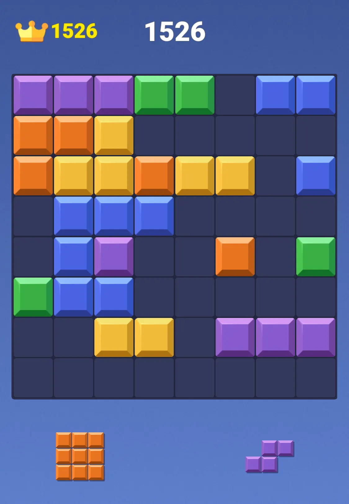 Block Blast board with 32 empty squares but no empty 3×3 area, while a 3×3 square waits in the tray