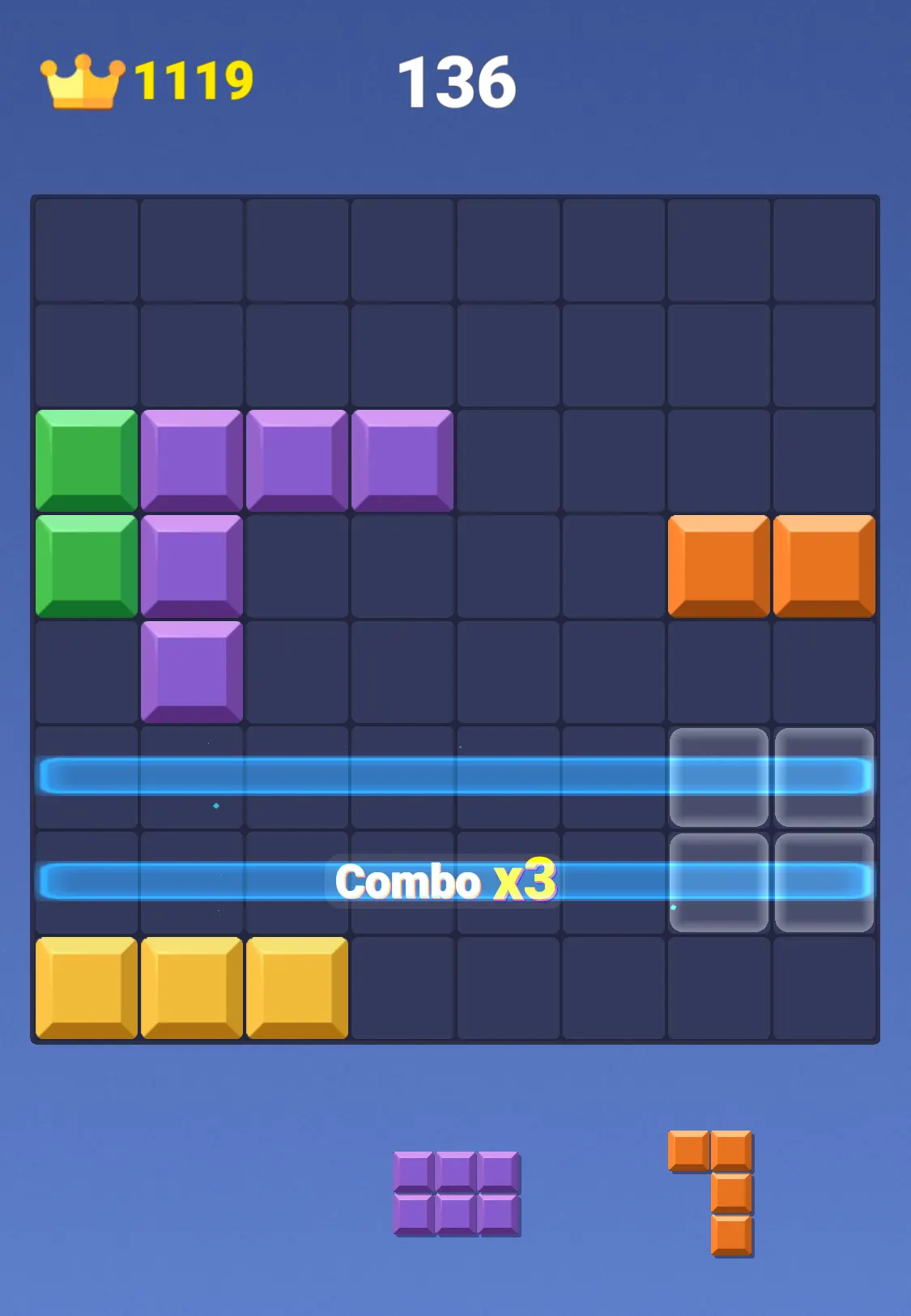 Two rows of the Block Blast board glowing as they clear, with a Combo x3 label